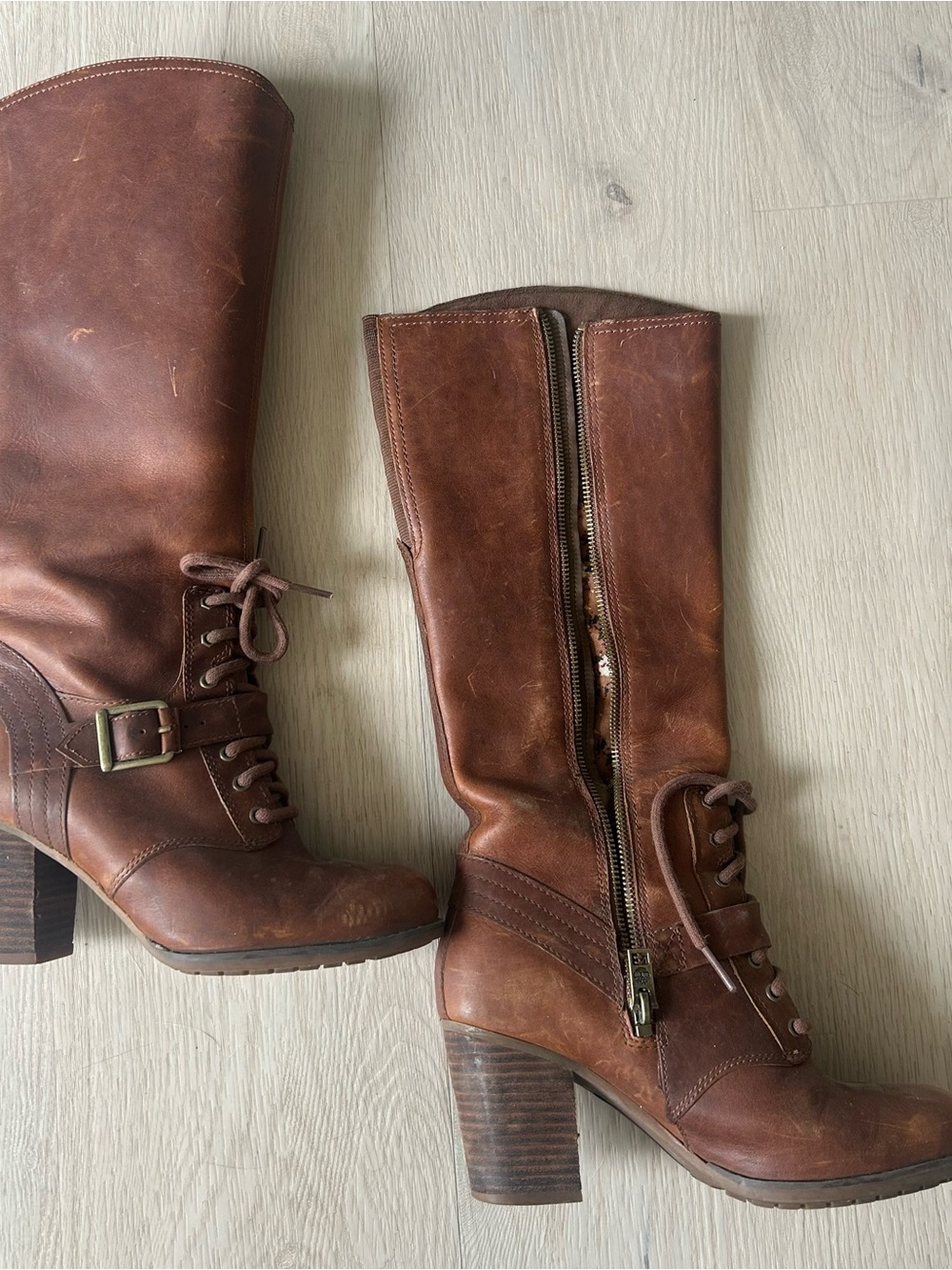 Timberland Brown Leather Mid-Calf Heeled Lace-Up Boots